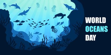 Hayvanlar ve balıklar suyun altında. Dünya Okyanus Günü