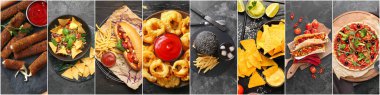 Collection of traditional fast food on dark background, top view
