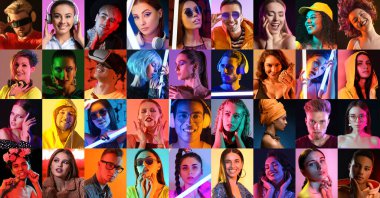 Birçok farklı insanın portreleriyle kolaj