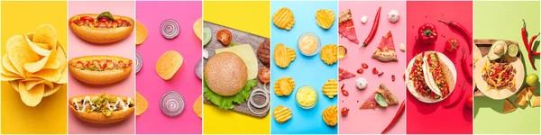 Set Traditional Fast Food Colorful Background Top View — Stockfoto