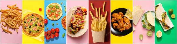 Zestaw Tradycyjnych Fast Food Kolorowym Tle Widok Góry — Zdjęcie stockowe