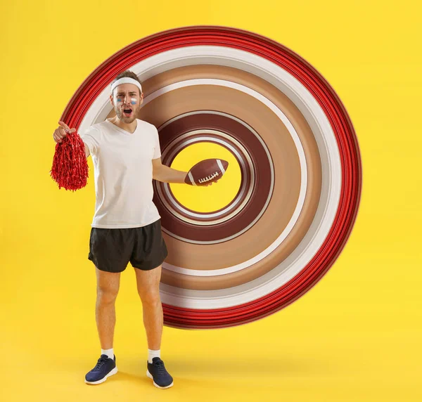 Male Cheerleader Rugby Ball Yellow Background — Stock Photo, Image