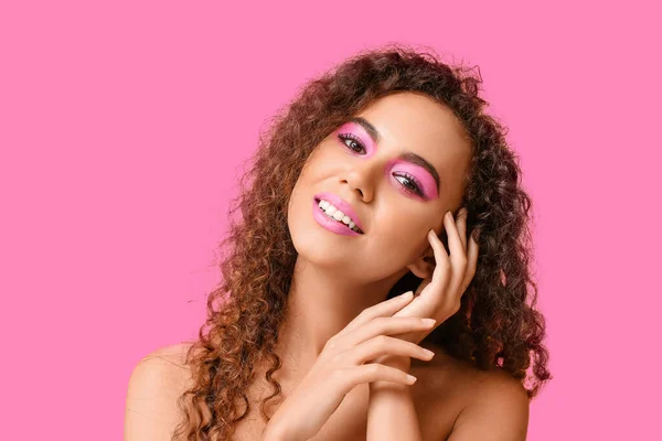 Beautiful African American Woman Stylish Makeup Pink Background — Stockfoto