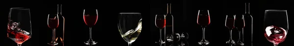 Set Von Gläsern Und Flaschen Mit Köstlichem Wein Auf Schwarzem — Stockfoto