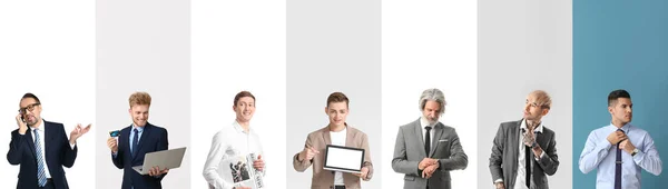 Group Stylish Businessmen Laptops Mobile Phone Newspaper — Stockfoto