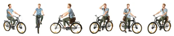 Conjunto Hombre Joven Con Bicicleta Sobre Fondo Blanco — Foto de Stock