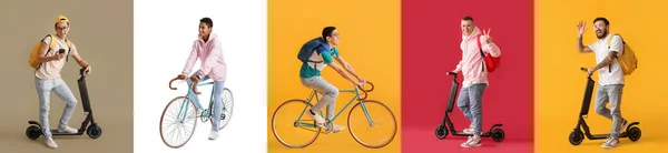 Set Med Snygga Unga Män Med Cykel Och Skoter — Stockfoto
