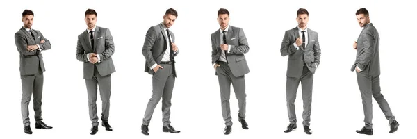 Set Handsome Young Man Elegant Suit White Background — 图库照片