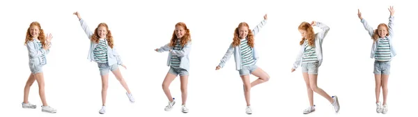Set Little Redhead Girl Dancing White Background — ストック写真