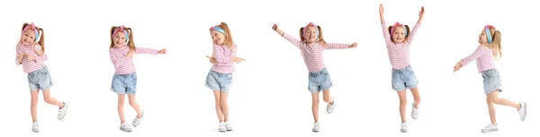 Set Cute Dancing Little Girl Isolated White — Stock Photo, Image