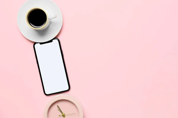 Composition Mobile Phone Cup Coffee Alarm Clock Color Background — Stockfoto