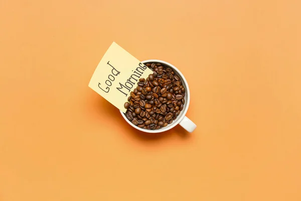 Cup Coffee Beans Sticky Note Text Good Morning Color Background — Fotografia de Stock