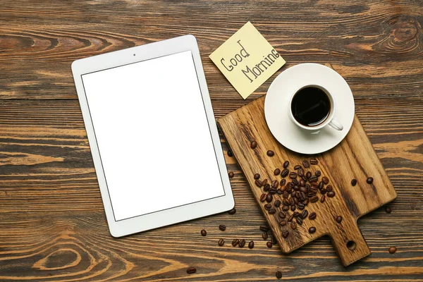 Composition Tablet Computer Cup Coffee Sticky Note Text Good Morning — Stock Photo, Image