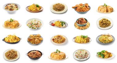 Beyaz arkaplanda lezzetli pilav kümesi