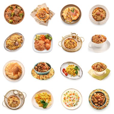 Beyaz arkaplanda lezzetli pilav kümesi