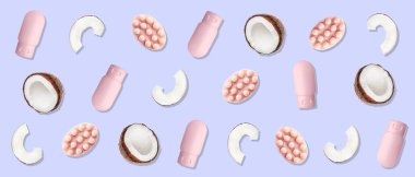 Kişisel hijyen için kozmetik ürünler ve eflatun arkaplanda hindistan cevizi. Tasarım için desen