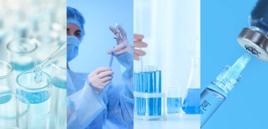 Hemşire, test tüpleri ve ilaçlarla kolaj