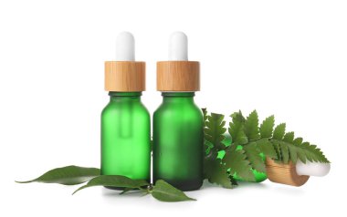 Beyaz arka planda yalıtılmış eğreltiotu yapraklı doğal serum şişeleri.