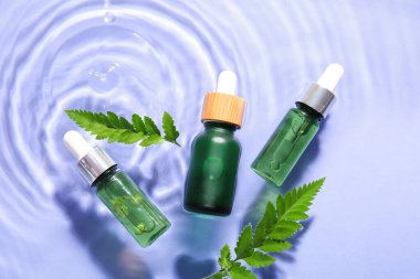 Şişe dolusu doğal serum ve eğreltiotu yaprakları leylak arka planda suda.