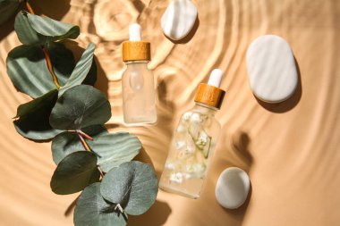 Doğal serum şişeleri, spa taşları ve okaliptüs dalları renk arka planında suda.