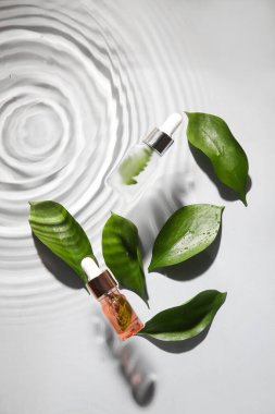 Beyaz zemin üzerinde su içinde doğal serum ve bitki yaprakları şişeleri
