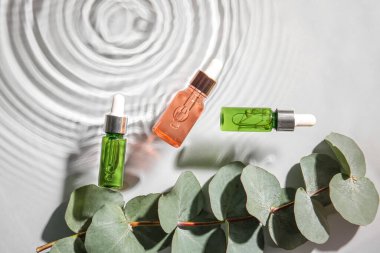 Beyaz zemin üzerinde su içinde doğal serum ve okaliptüs dalları.