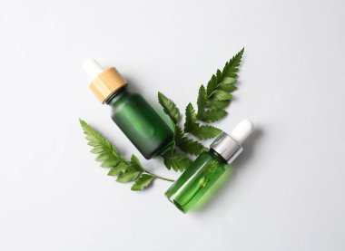 Beyaz arka planda doğal serum ve eğrelti otu yaprakları şişeleri