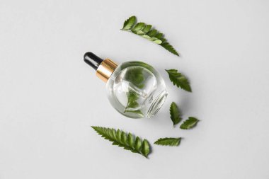 Beyaz arka planda bir şişe doğal serum ve eğreltiotu yaprağı.