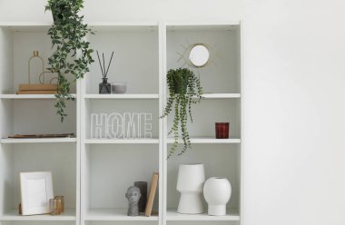 Vazolar, ev bitkileri ve ışık duvarının yanındaki dekorlu raf ünitesi.