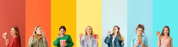 Uppsättning Vackra Unga Kvinnor Äter Snabbmat Färgglada Bakgrund — Stockfoto