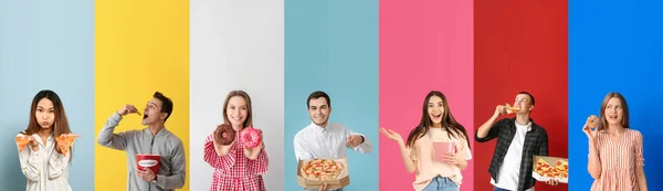 Set of young people eating fast food on colorful background