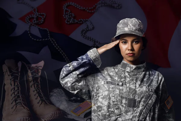 Collage Med Afroamerikansk Kvinnlig Soldat Ammunition Och Usa Flagga Mörk — Stockfoto
