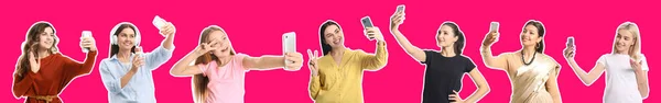 Set Many Beautiful Women Taking Selfie Pink Background — Stock Photo, Image