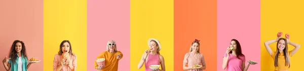 Uppsättning Kvinnor Äter Snabbmat Färgglada Bakgrund — Stockfoto