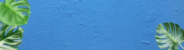 Foglie Tropicali Verdi Sfondo Blu Con Spazio Testo Banner Design — Foto Stock