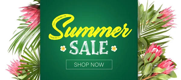 Banner Summer Sale Tropical Leaves Flowers — Stock Photo, Image