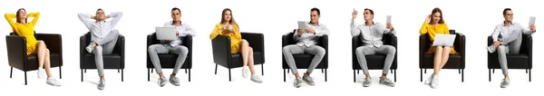 Set Young Woman Man Resting Black Armchair White Background — Stock Photo, Image