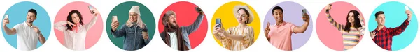 Collage Mit Vielen Menschen Die Selfie Machen — Stockfoto