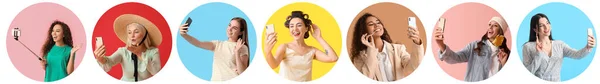 Colagem Com Muitas Mulheres Bonitas Tirando Selfie — Fotografia de Stock