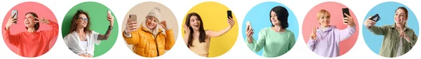 Collage Con Molte Belle Donne Che Prendono Selfie — Foto Stock