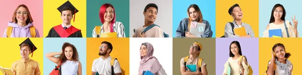 Collage Con Molti Studenti Felici Sfondo Colorato — Foto Stock