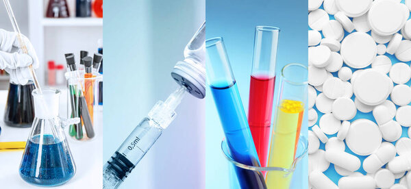 Коллаж с лабораторной посудой и лекарствами