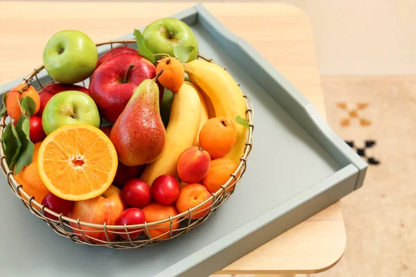 Tray Fruit Basket Wooden Table Closeup — Stock Photo, Image