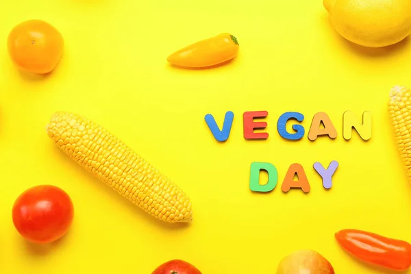 Fresh Vegetables Text Vegan Day Yellow Background Closeup — Stock Photo, Image