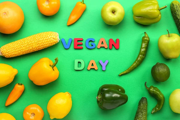 Text Vegan Day Different Vegetables Fruits Green Background — Stock Photo, Image