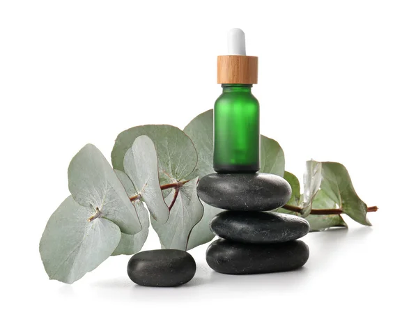 Composition Bottle Natural Serum Spa Stones Eucalyptus Branch White Background — Stock Photo, Image