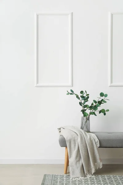 Vase Eucalyptus Branches Plaid Bench Light Wall — Stock Photo, Image