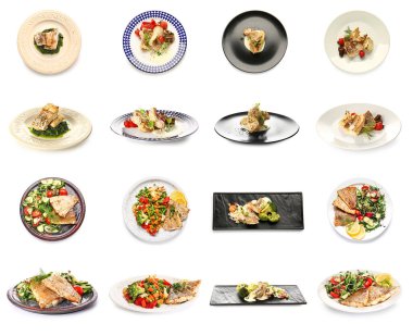 Lezzetli balık filetosu ve beyaz arka planda sebze tabakları.