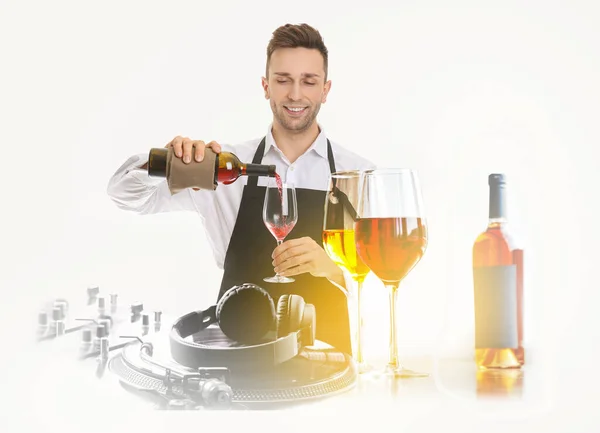 Collage Handsome Male Bartender Mixer Wines White Background — Stock Photo, Image
