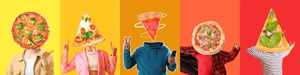 Viele Menschen Mit Pizza Statt Kopf Vor Buntem Hintergrund — Stockfoto